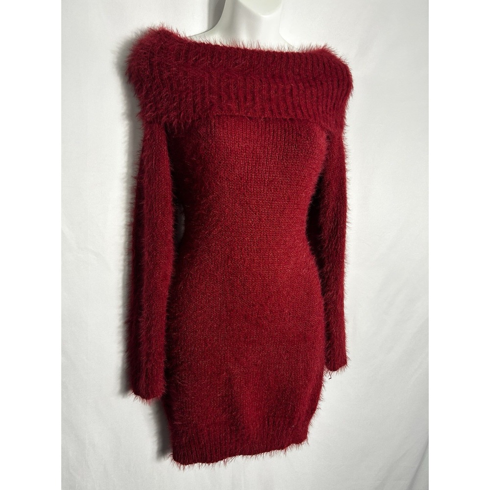 Y2K Fuzzy Eyelash Knit Sweater Dress Size S Off Shoulder Red Holiday Glam Bratz